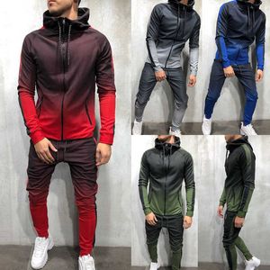 2 PCS Mens Gradient Packwork Sport Printed Zipper Long Sleeves Tracksuit Sets NIN668 X0610