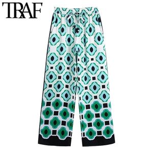 TRAF Kobiety Chic Moda Geometryczne Print Szeroki Nogi Spodnie Vintage Wysokiej Talii Sznurek Kobiet Spodnie Kostki Mujer 210915