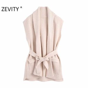 Zevity Donna Moda Colletto rovesciato Tasche Patch Telai Maglione lavorato a maglia Donna Chic senza maniche Cuciture aperte Gilet Top S458 210603