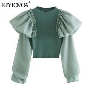 KPYTOMOA Women Fashion Ruffle Patchwork Cropped Knitted Sweater Vintage Long Sleeve Stretch Slim Female Pullovers Chic Tops 210806
