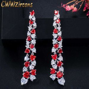 Unique Love Heart Cut Ruby Red Cubic Zirconia Gemstone Silver Long Dangle Drop Earrings for Women Jewelry CZ607 210714