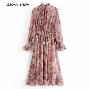 春のピンクの花のプリントの長袖のドレスはサッシの女性のヴィンテージの潮の弓襟フリル裾のドレスの女性の服200台210429