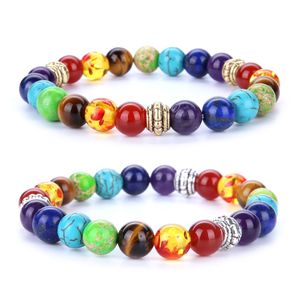 Tibetansk silvertrumma pärla sju-puls hjularmband 8mm Energy Stone Amethyst Red Agate Yoga Armband smycken