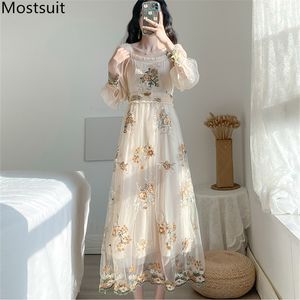 春の夏の糸刺繍長いドレス女性の袖の正方形の襟ハイウエストのドレス甘いエレガントなファッションvestidos 210518