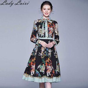 春の女性ヴィンテージ花柄プリントドレスターンダウンカラー長袖エレガントなMidi Dress Vestido Robe Femmeベルト210529