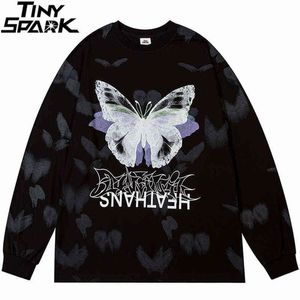 Män T-shirt Hip Hop Streetwear T-shirt Butterfly Print Tshirt 2021 Höst Långärmad tröja Harajuku Bomull Casual Toppar Tees H1218