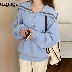 Ezgaga dzianina sweter pulower kobiety obróć kołnierz niebieski przycisk kontrast znosić zima luźna streetwear jumper damper topy 210430