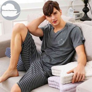 Sommer Gestrickte Baumwolle Kurzarm Männer Pyjamas Sets Männliche Pyjama Set Brief Pyjama Für Männer Nachtwäsche Anzug Homewear Größe XXXXL 210901