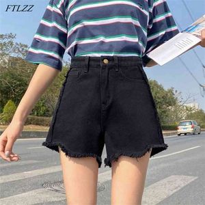 Verão Mulheres Cintura Alta Solta Denim Shorts Casuais Feminino Feminino Perna Perna Hole Streetwear Calça Negra 210430