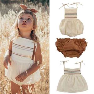 Ll Baby Baby Meninas Vintage Romper e Camisetas Menina Bolha Linen Bolha Playsuit SS Chegadas Criança Camiseta 210619