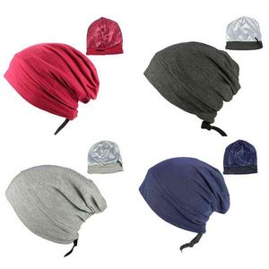 Satin Lined Sleep Cap Hair Cover Bonnet Regulowany Elastyczna Jedwabista Slouchy Czaszka Czapka Solidna Kolor Noc Śpiący Kapelusz Turban M6CD Y21111