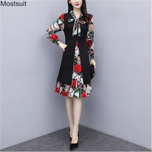 Primavera Elegante Plus Size Dress Mulheres Manga Longa Impresso Túnica Patchwork Moda Fitted A-Line Vestidos OL Coreano Vestidos 210513