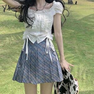 Yitimuceng 2 Piece White Blouse och Plaid Pleated Skirts Suit for Women Short Sleeve Sommar Koreansk Preppy Style Harajuku 210601