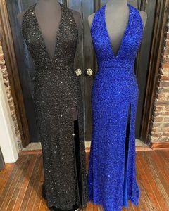 Affordable Bkue and Blue Prom Dress Mermaid 2021 Halter Neck Sequins Formal Evening Party Gowns Side Split Robe De Soirée
