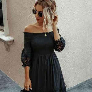 Off Shoulder Dres Sexig Backless Ruched Es Party Night Ladies Black Lace Monterad Kläder Elegant Höst 210623