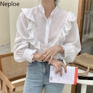 Neploe Korean Shirt Femme Stanf Neck Ruffles Temperament Blouses Women Loose Puff Sleeve Blusas Pleated White Tops Women 95162 210422