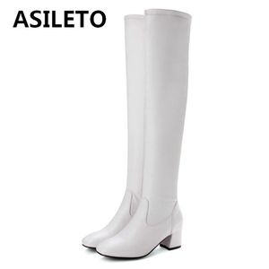 Сапоги Asileto Bottes Femme прохладно на колене высокие квадратные носки коренастые каблуки на молнии