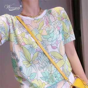夏のTシャツの女性ニットカジュアルな印刷の中空アウト半袖トップOネックスリム薄いキンティングウェアB-011 210720