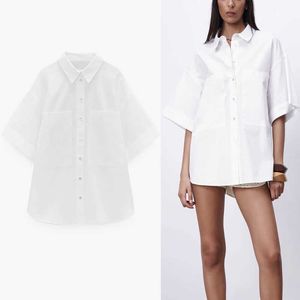 Kvinnor Oversized Kortärmad tröja Za Vit Plus Storlek Loose Summer Shirts Kvinna Chic Button Up Patch Fickor Long Top 210602