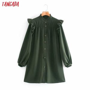 Tangada Мода Женщины Зеленые Работы Мини Платье Прибытие с длинным рукавом Дама Платье рубашки Vestidos XN60 210609