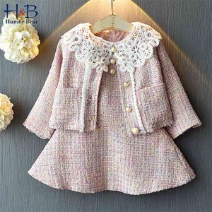 Mädchen Kleidung Set Herbst Winter Spitze Puppe Kragen Strickjacke Langarm Pullover + Weste Kleid Anzug Kinder Kinder Kleidung 210611