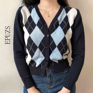 Pink cardigan womens sweaters korean crop autumn tops long sleeve blue argyle short knitted fall 210521