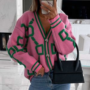 Cardigan For Women Green Striped Pink Knit Button Lady Cardigans Sweaters V-neck Loose Casual Winter Knitted Coat Fashion 211109