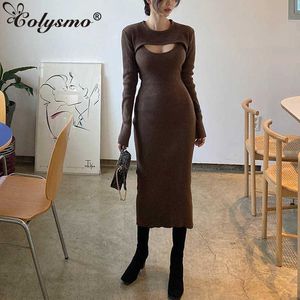 Колисмо вязаное скольжение платье коричневый Bodycon MIDI платья для женщин вечеринка с длинным рукавом носить осенние шикарные улицы леди Vestidos 210527