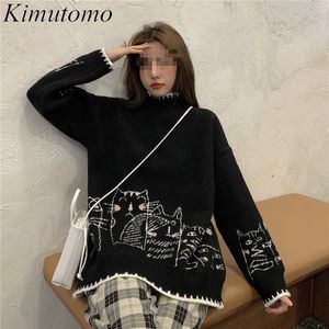 Kimutomo 부드러운 만화 니트 스웨터 여성 일본식 봄 여성 O 넥 긴 소매 풀 오버 outwear 느슨한 210521