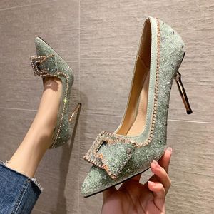 Dress Shoes 2022 Women 9.5cm High Heels Wedding Bridal Pumps Lady Crystal Bling Diamond Stripper Fetish Emerald Green NO.55