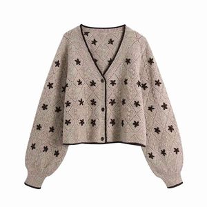 Mulher retrô Flor Bordado de malha jaqueta moda v-pescoço jacquard padrão lanterna manga camisola cardigan spring style 210521