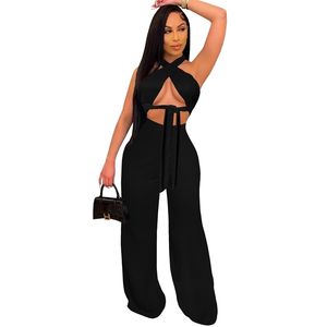 Holiday Party Night Club Women Sets Clothes Black Girl Cross Crop Top Tee And Wide Leg Pants Office Lady Two Piece Outfits 210525