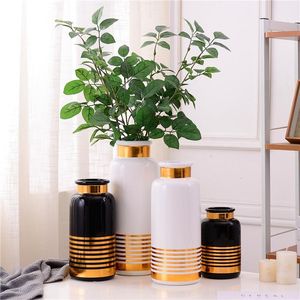 Vasi Vaso in ceramica bianco nero Linea dorata Design Fiore Piantagione di acqua Contenitore decorativo per la casa R711