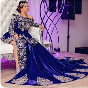 로얄 블루 인어 이브닝 드레스 알제리 자수 긴 소매 높은 사이드 슬릿 vestaglia donna 공식 무도회 드레스 Elbise Abiye의 전통 복장