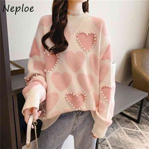 Mulheres de malha camisola O-pescoço Pérolas Beading Lady Pullovers Heart Heart Jumpers Manga Longa Kawaii Top Femme 1F347 210422