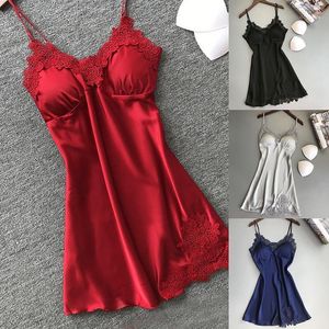 Women Nightgowns Sexy Nightwear Lace Patchwork Camisola Lingerie Nighty Wedding Silk Dress Sleep Wear Nightdress Clothes 4Colors1