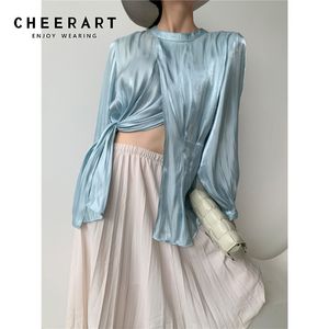 Aqua Blue Satin Long Sleeve Blouse Women Ruched Top Asymmetrical Ladies Glitter Korean Fashion Clothing 210427