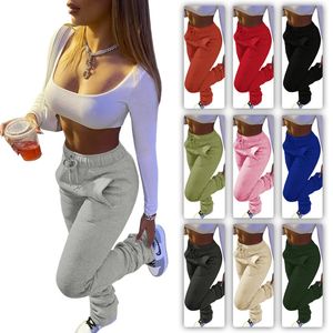 Women Stacked Pants Solid Colour Heavy Sweater Fabric Sports Casual Drawstring Trousers Pockets Ladies New Fashion Leggings