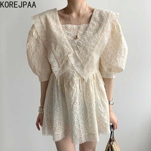 Korejpaa Женское платье Летний Корейский Chic Western Style Ретро Военно-морское воротник Шнуржевые Кружева Крючком Дизайн Свободные слойки Рукав Vestidos 210526