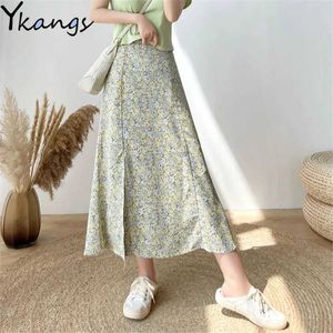 Bohemian Chiffon Button A-Line Long Skirt Girl Summer Patchwork Floral Print Split Skirts Casual Holiday Women Ankle-Length Saia 210619