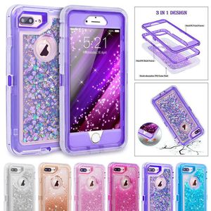 Hybrid 3D Glitter Armour Purposväska till iPhone 8 6 6s 7 Plus X XS Max 12 11 Pro Max XR Dynamic Quicksand Shocksäker telefonfall täcker