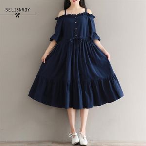 Mori tjej sommar kvinnor midi strand sundress suspenders slash neck casual lös semester klänning vintage bomull linne pläterade klänningar 210520