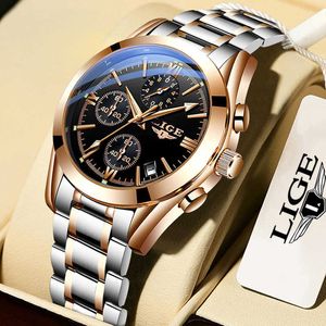 Relogio Masculino Lige Men Top Luxury Brand Militär Sport Klocka Mäns Kvarts Klocka Man Full Stål Casual Business Gold Watch 210527