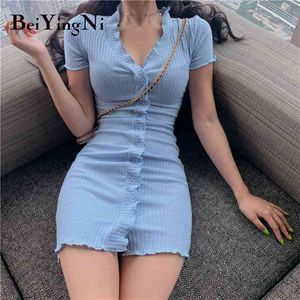 Sexy Club Dress Women Skinny V-neck Knitted Buttons Korean Casual Mini es Elastic Streetwear Party Bodycon 210506