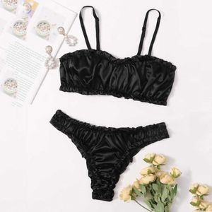 Satin sling underkläder set svart frestelse damer mode sexig underkläder ruffle underkläder kvinnor underkläder set sexig thong bh set y0911