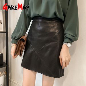 Black PU Leather Skirt Women Autumn High Waist Female Faux Mini A-line Party Club Wear Ladies Sexy Short 210428