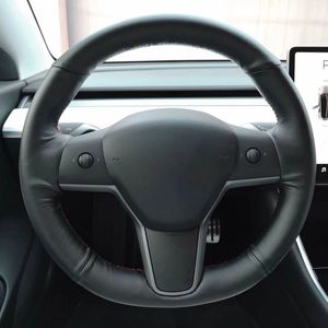 Tesla Model 3 2017-2019のためのハンドステッチDIYブラック人工レザーソフトカーステアリングホイールカバー
