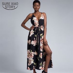 Women dress sexy summer vestidos de verano v-neck floral print chiffon women maxi 3351 50 210510