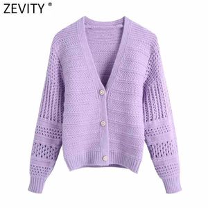 Zevity Women Fashion V Neck Purple Color Patchwork Crochet Knitted Sweater Female Pear Buttons Chic Cardigans Tops S721 210603