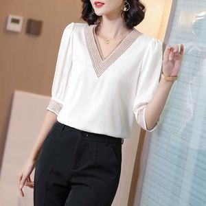 Korean Heavy Silk Women Blouse Shirt Embroidered Tops Plus Size White V-neck Blusas Mujer De Moda 210531